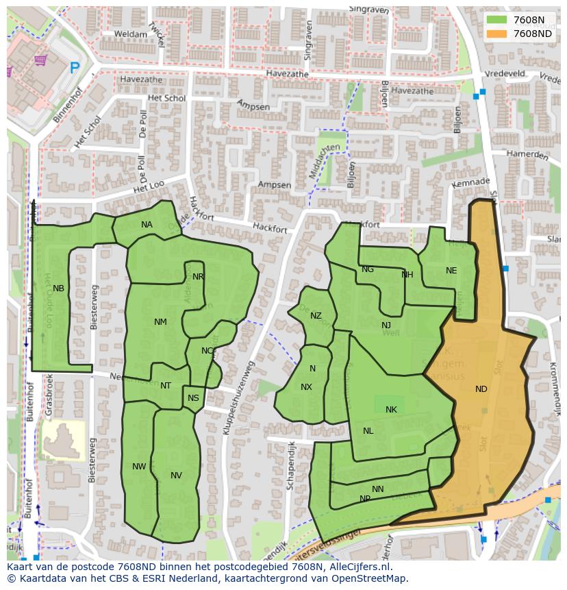 Afbeelding van het postcodegebied 7608 ND op de kaart.
