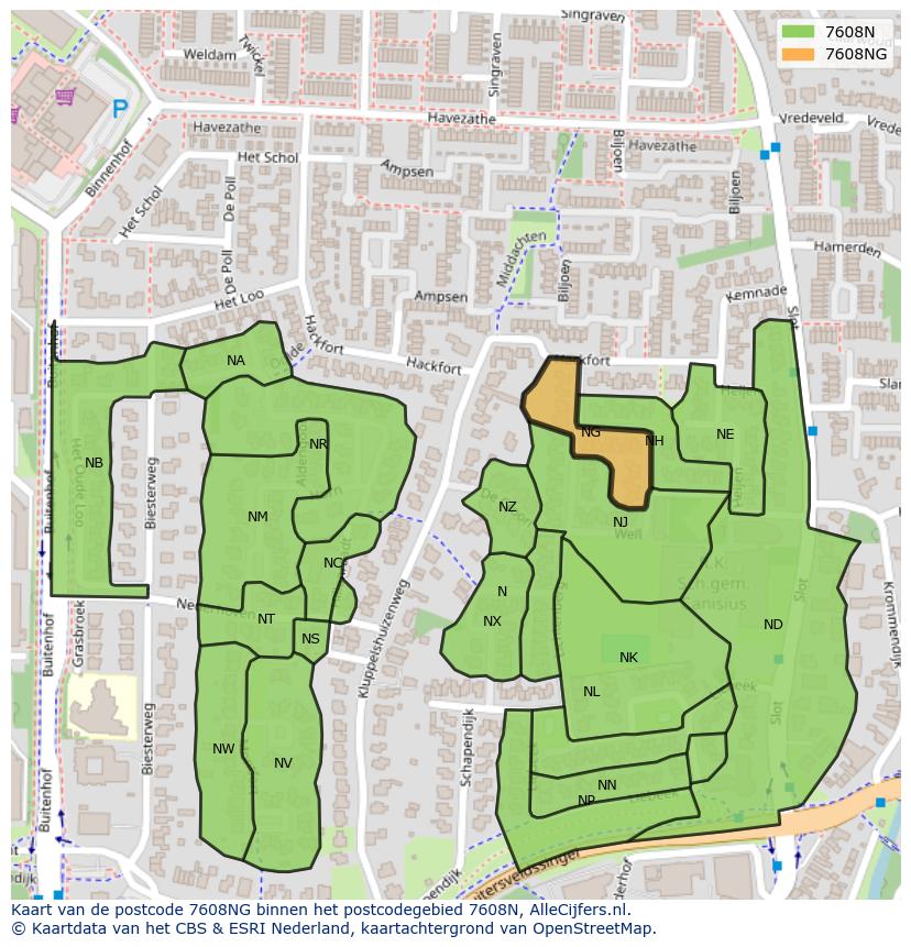 Afbeelding van het postcodegebied 7608 NG op de kaart.