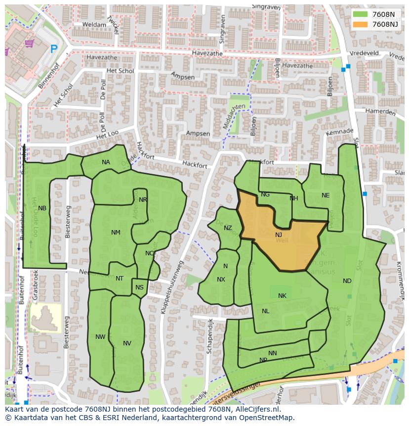 Afbeelding van het postcodegebied 7608 NJ op de kaart.