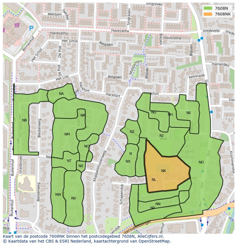 Afbeelding van het postcodegebied 7608 NK op de kaart.