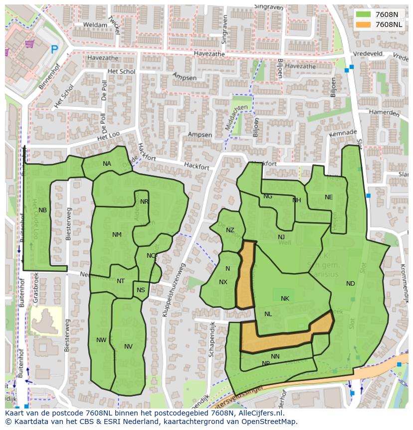 Afbeelding van het postcodegebied 7608 NL op de kaart.