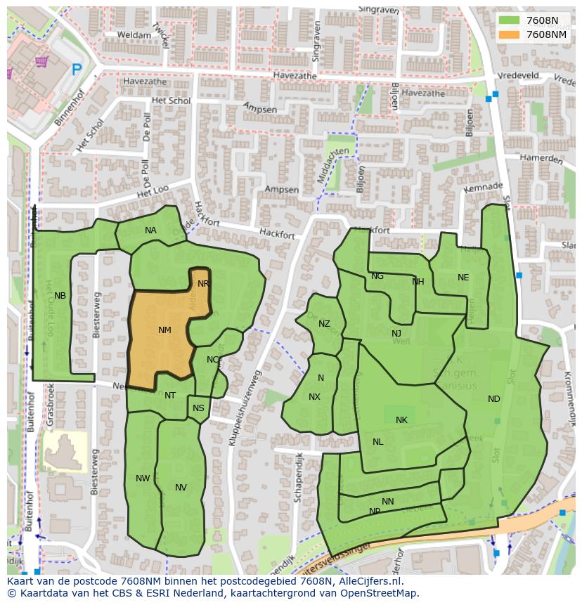 Afbeelding van het postcodegebied 7608 NM op de kaart.