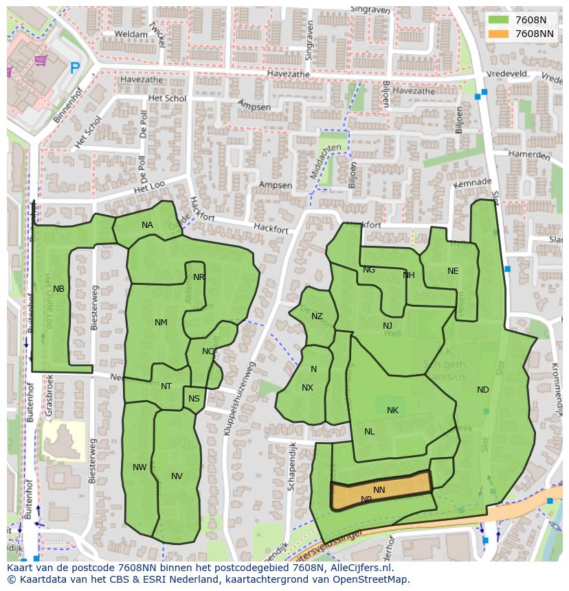 Afbeelding van het postcodegebied 7608 NN op de kaart.
