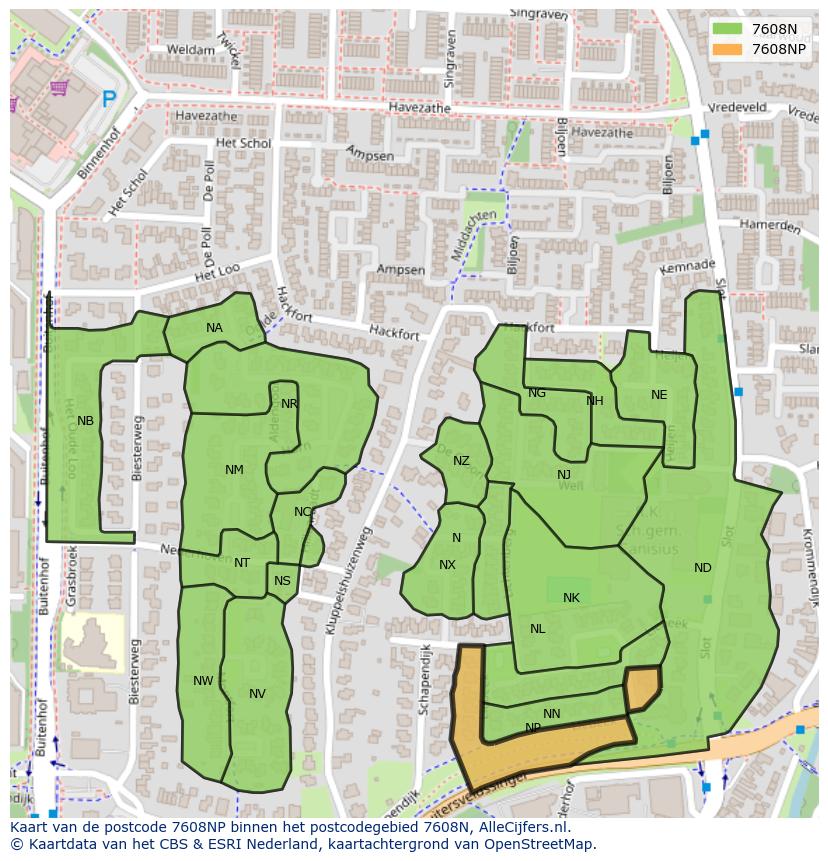 Afbeelding van het postcodegebied 7608 NP op de kaart.