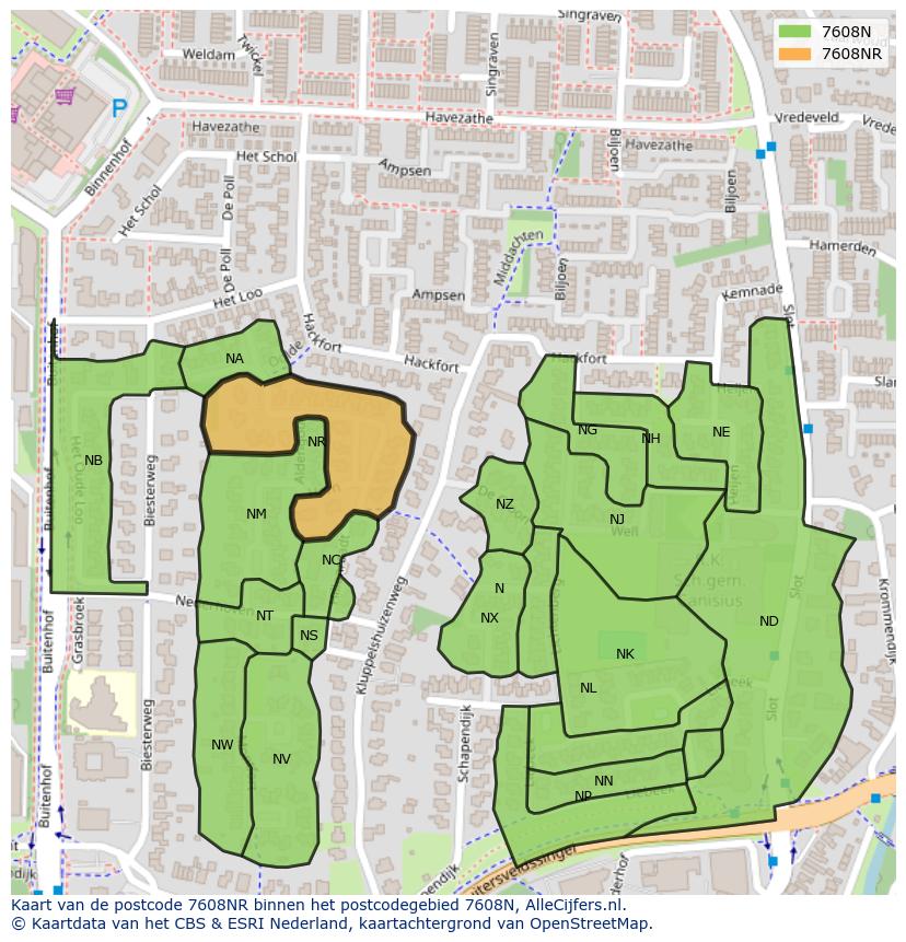 Afbeelding van het postcodegebied 7608 NR op de kaart.