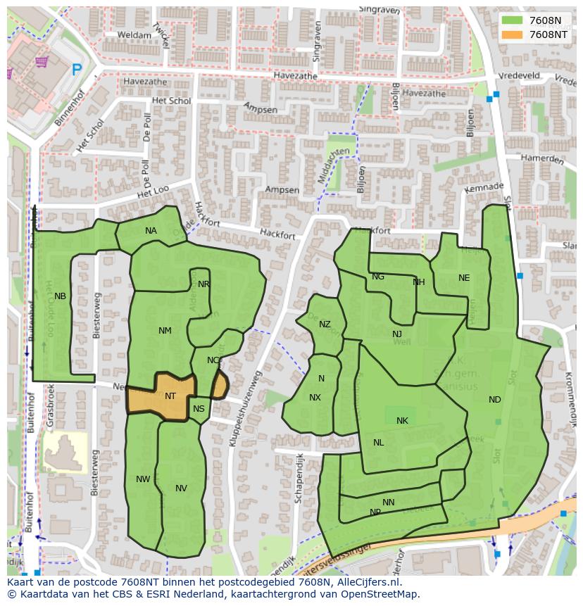 Afbeelding van het postcodegebied 7608 NT op de kaart.