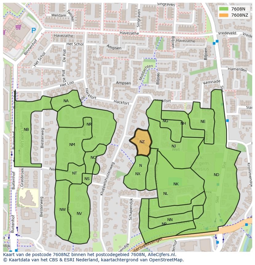 Afbeelding van het postcodegebied 7608 NZ op de kaart.