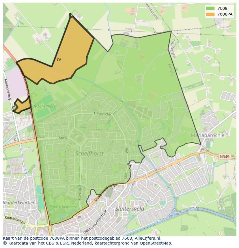 Afbeelding van het postcodegebied 7608 PA op de kaart.