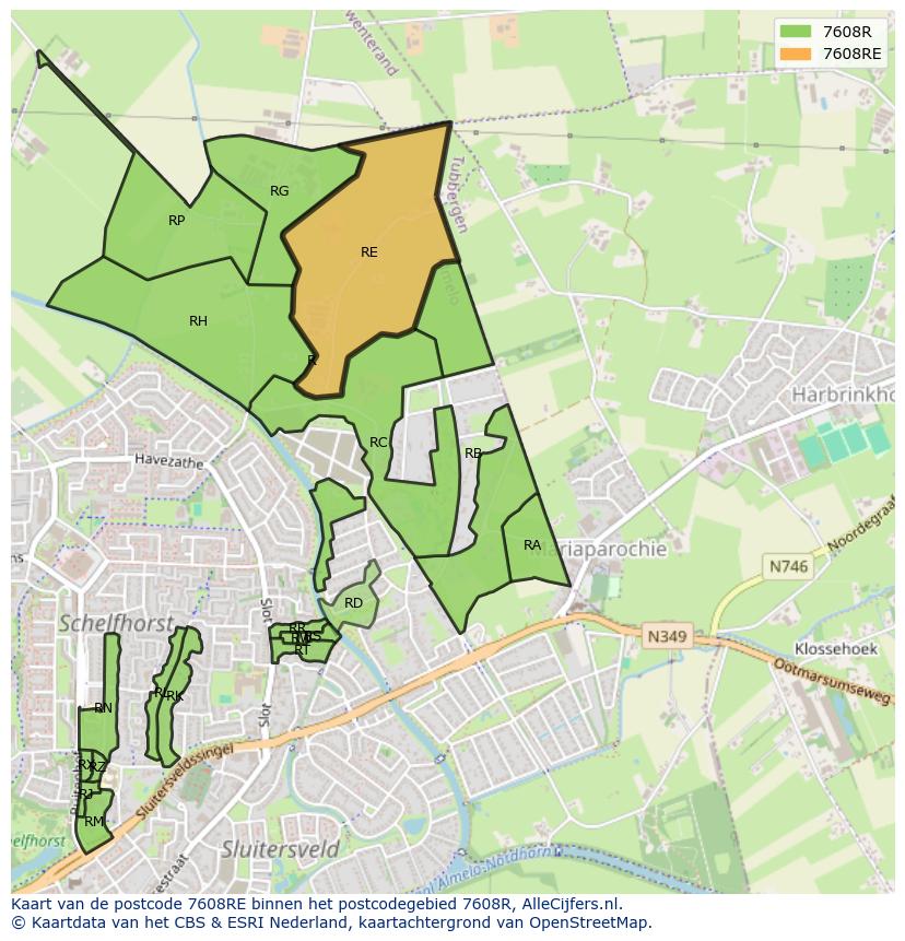 Afbeelding van het postcodegebied 7608 RE op de kaart.