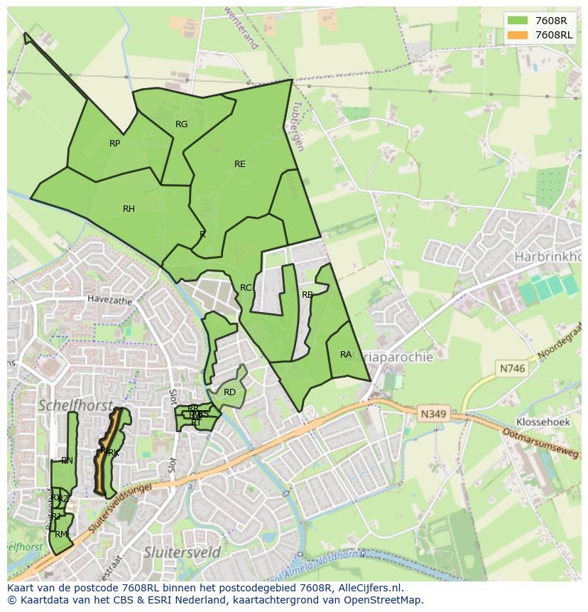 Afbeelding van het postcodegebied 7608 RL op de kaart.