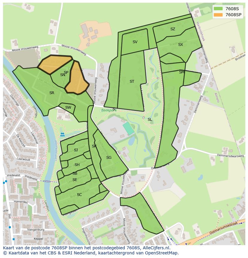 Afbeelding van het postcodegebied 7608 SP op de kaart.