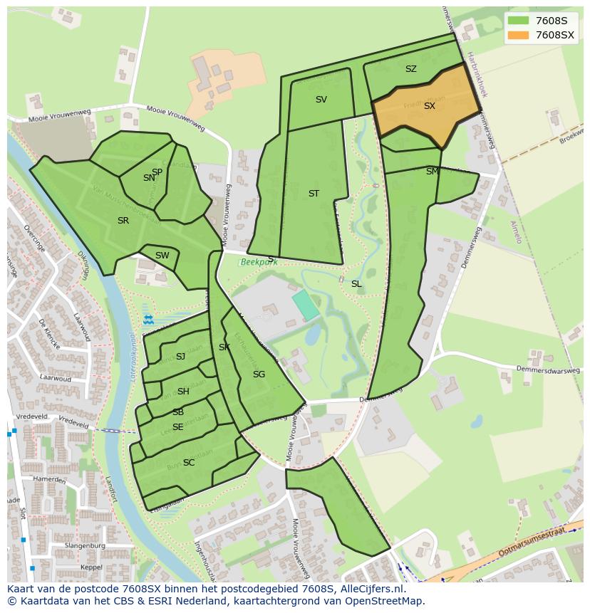 Afbeelding van het postcodegebied 7608 SX op de kaart.