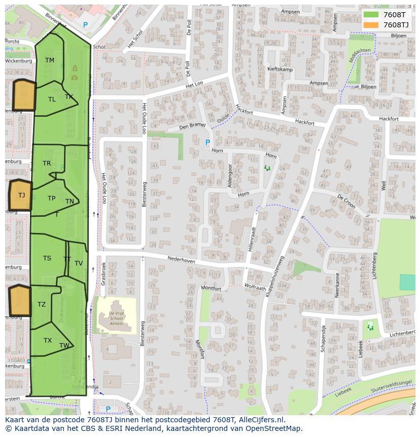 Afbeelding van het postcodegebied 7608 TJ op de kaart.