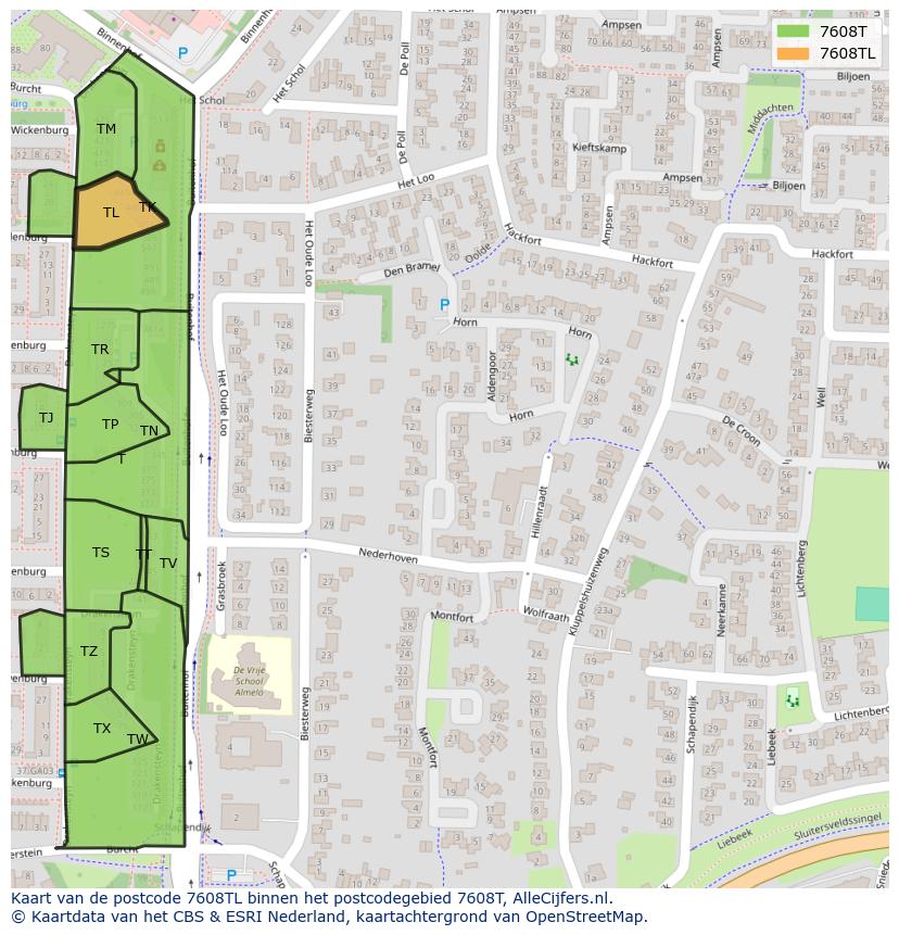 Afbeelding van het postcodegebied 7608 TL op de kaart.