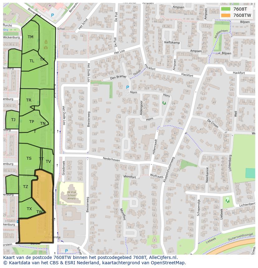 Afbeelding van het postcodegebied 7608 TW op de kaart.