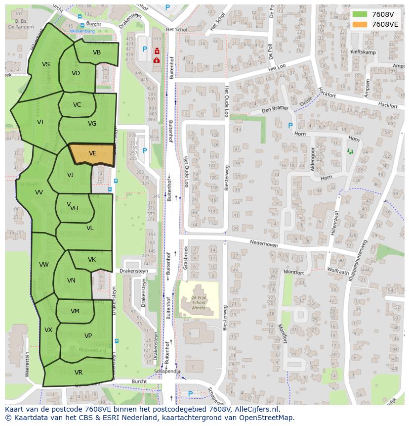 Afbeelding van het postcodegebied 7608 VE op de kaart.