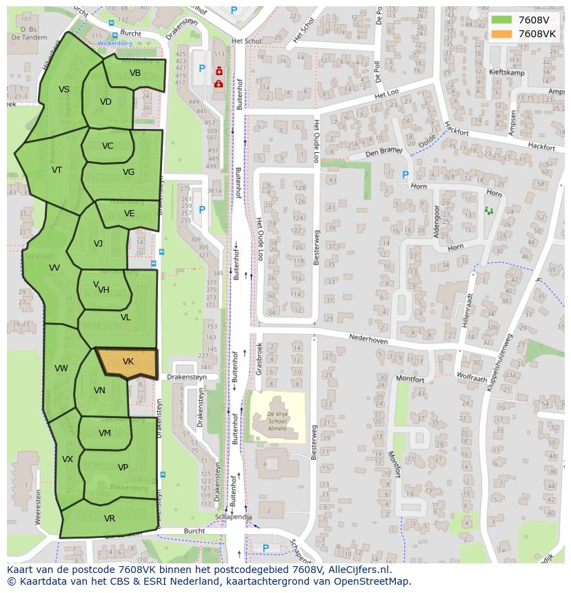 Afbeelding van het postcodegebied 7608 VK op de kaart.