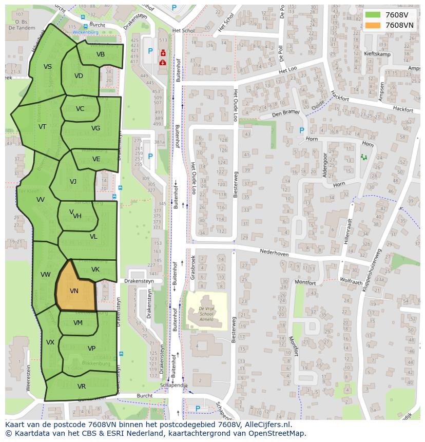 Afbeelding van het postcodegebied 7608 VN op de kaart.