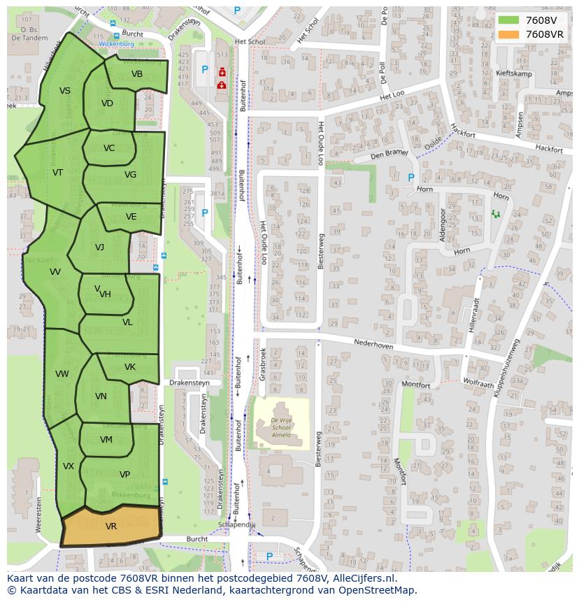Afbeelding van het postcodegebied 7608 VR op de kaart.