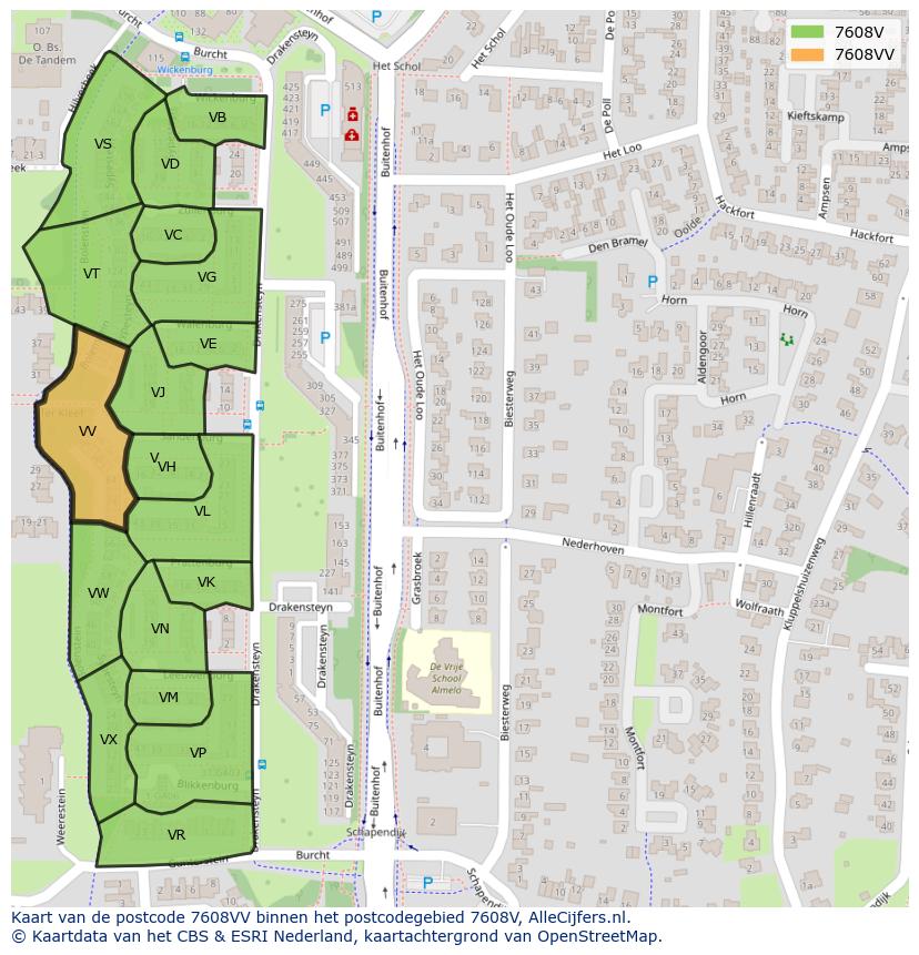 Afbeelding van het postcodegebied 7608 VV op de kaart.
