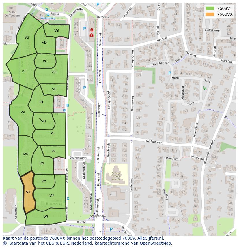 Afbeelding van het postcodegebied 7608 VX op de kaart.