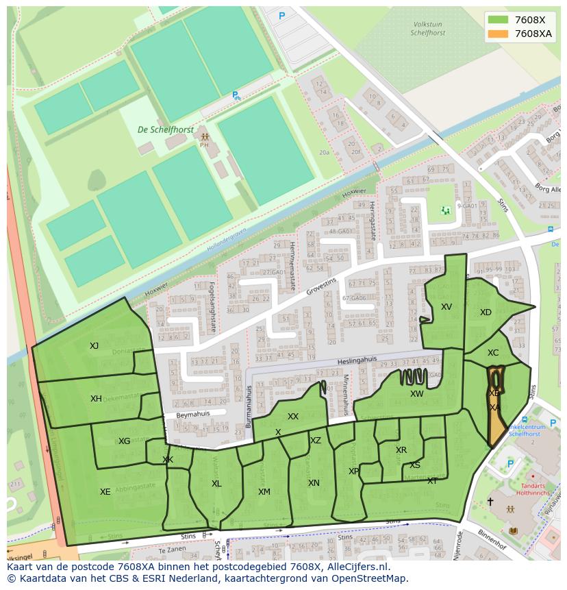 Afbeelding van het postcodegebied 7608 XA op de kaart.