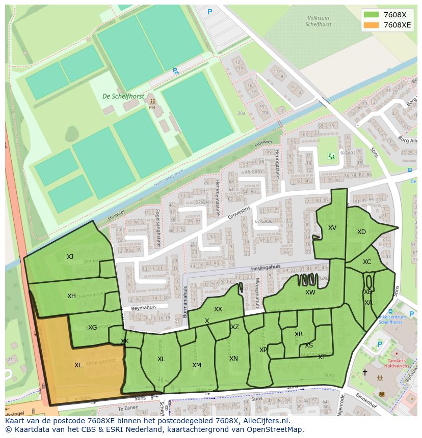 Afbeelding van het postcodegebied 7608 XE op de kaart.