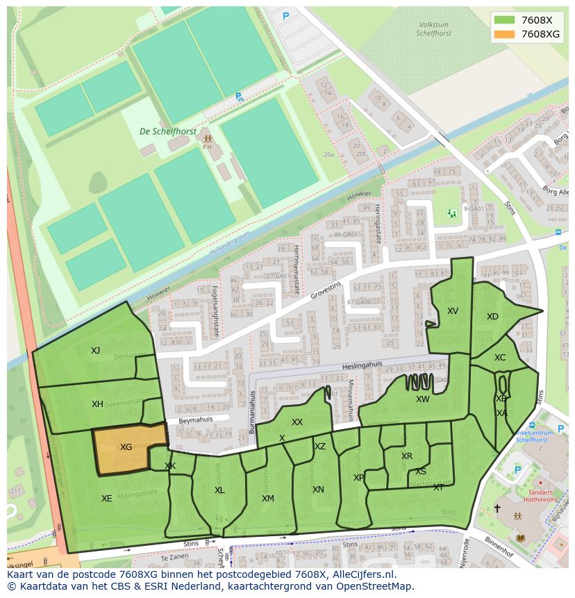 Afbeelding van het postcodegebied 7608 XG op de kaart.