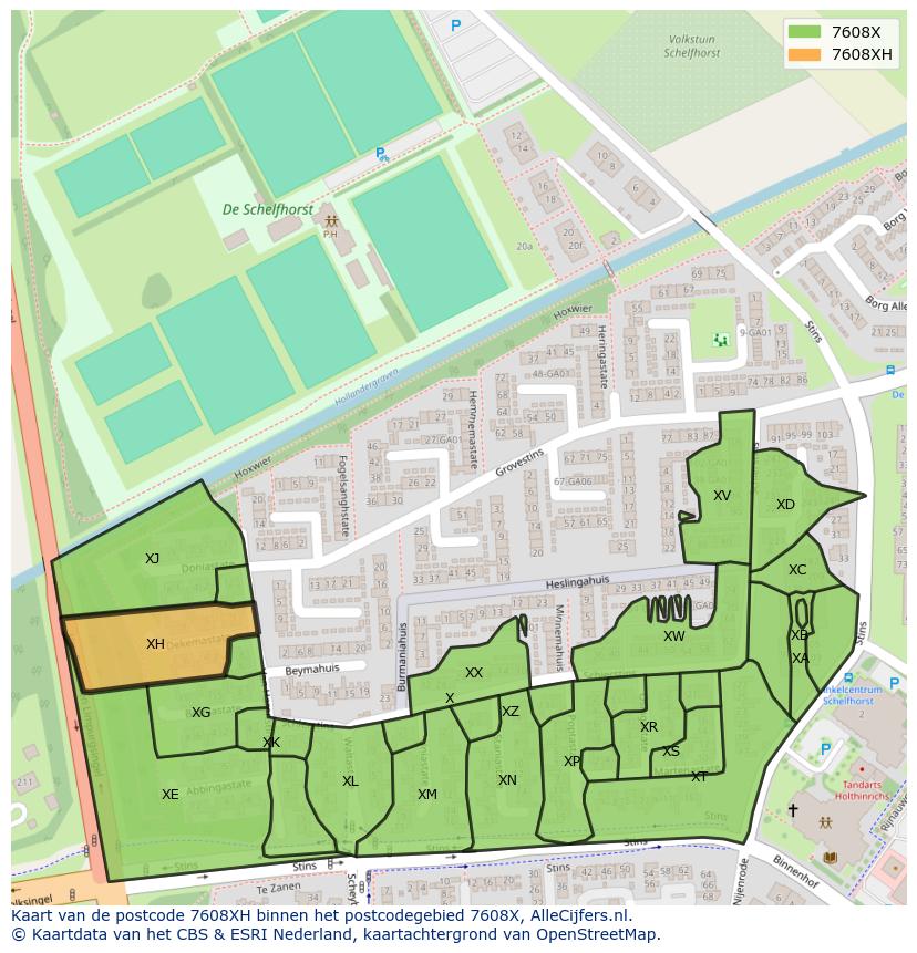 Afbeelding van het postcodegebied 7608 XH op de kaart.