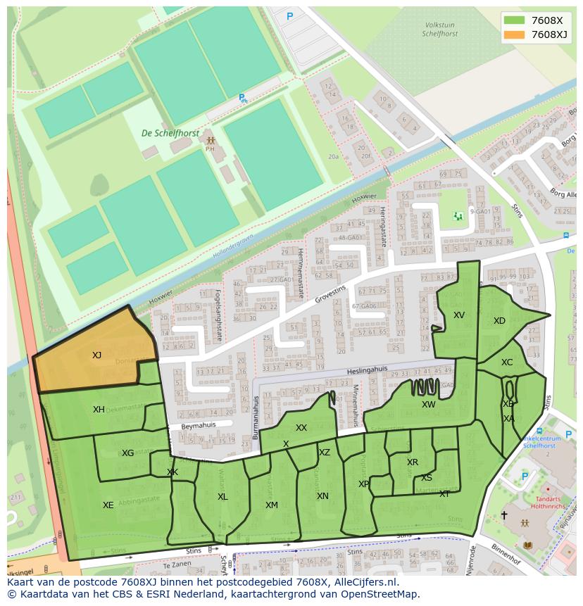 Afbeelding van het postcodegebied 7608 XJ op de kaart.