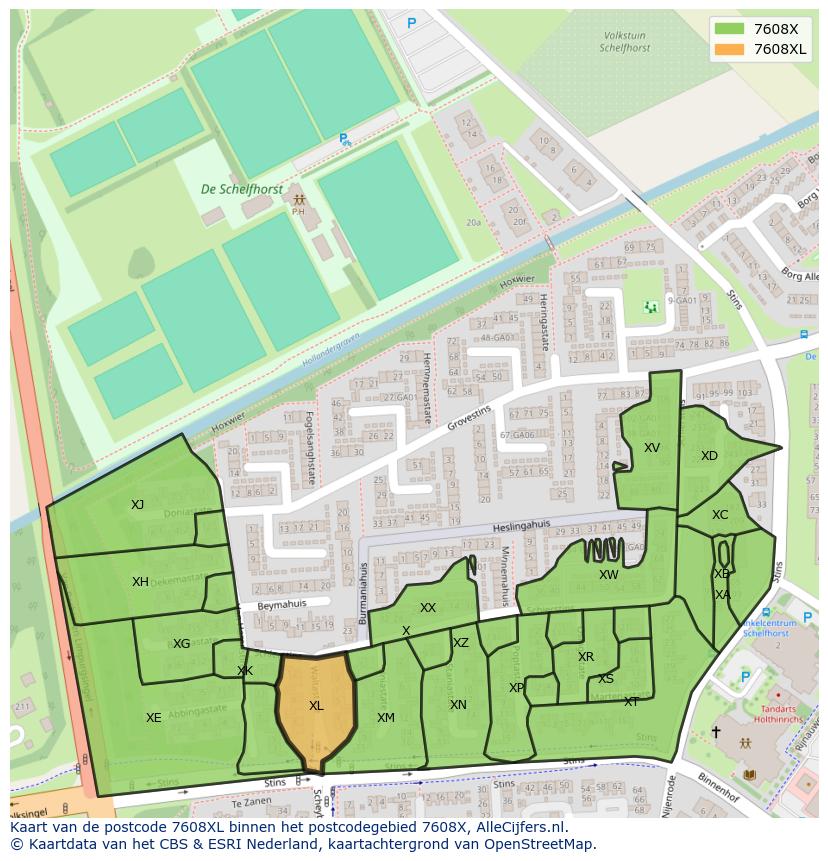 Afbeelding van het postcodegebied 7608 XL op de kaart.
