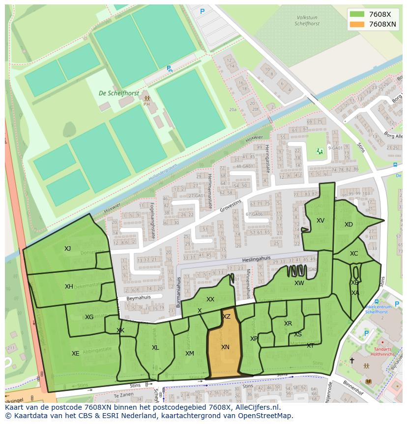 Afbeelding van het postcodegebied 7608 XN op de kaart.