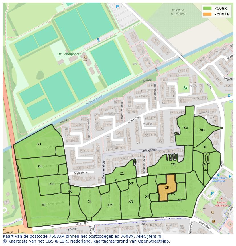 Afbeelding van het postcodegebied 7608 XR op de kaart.