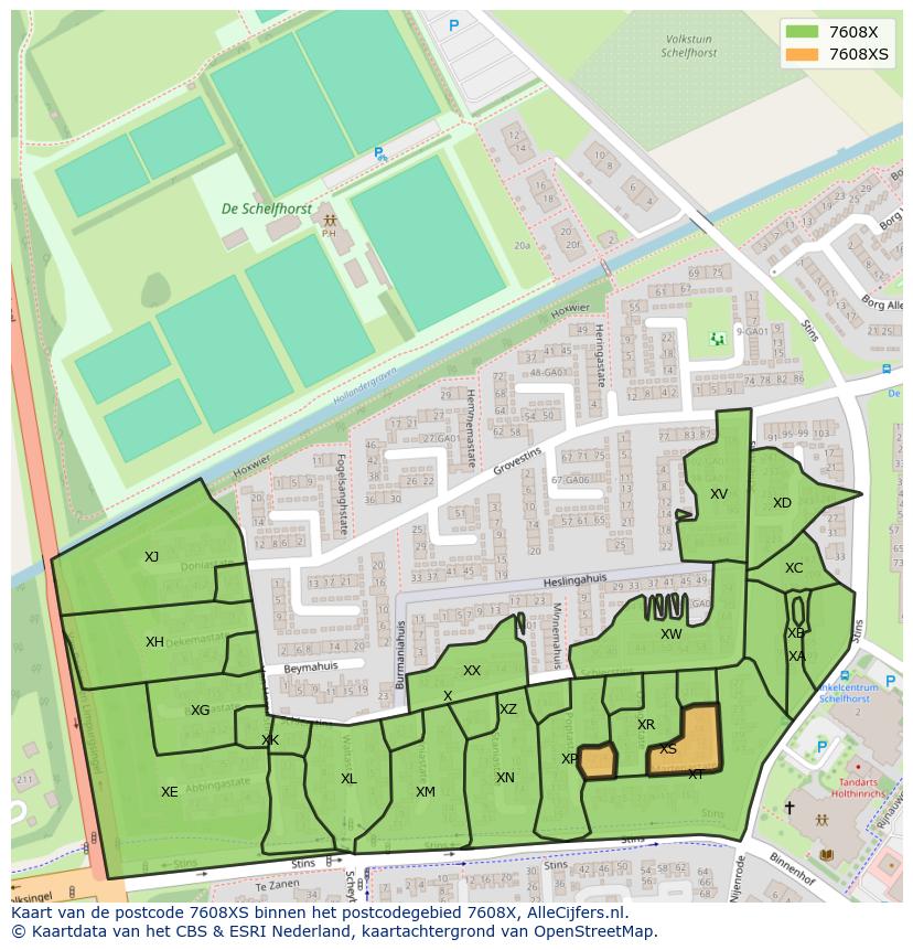 Afbeelding van het postcodegebied 7608 XS op de kaart.