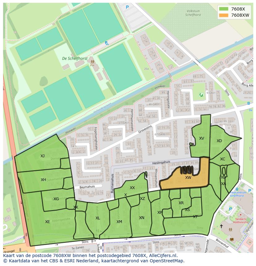 Afbeelding van het postcodegebied 7608 XW op de kaart.