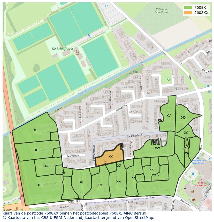 Afbeelding van het postcodegebied 7608 XX op de kaart.