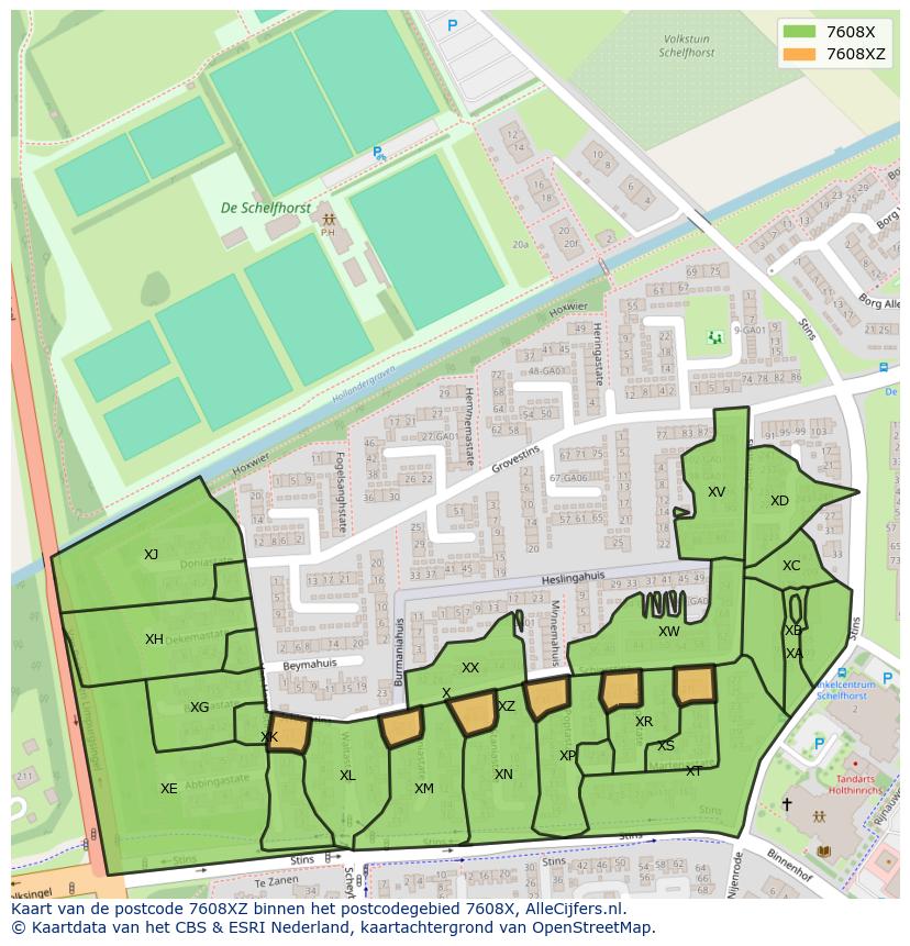 Afbeelding van het postcodegebied 7608 XZ op de kaart.