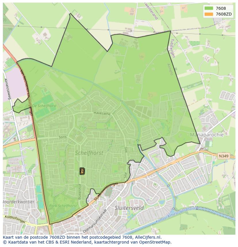 Afbeelding van het postcodegebied 7608 ZD op de kaart.