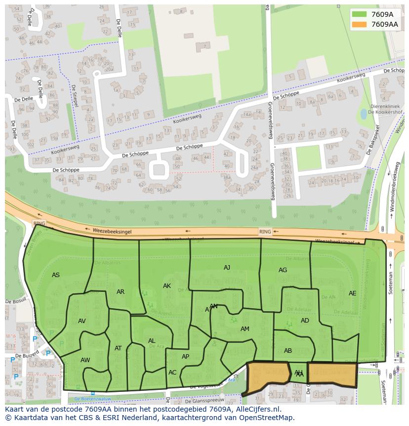 Afbeelding van het postcodegebied 7609 AA op de kaart.