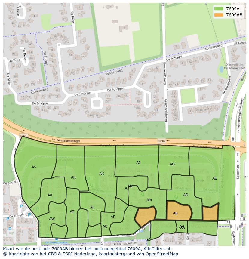 Afbeelding van het postcodegebied 7609 AB op de kaart.