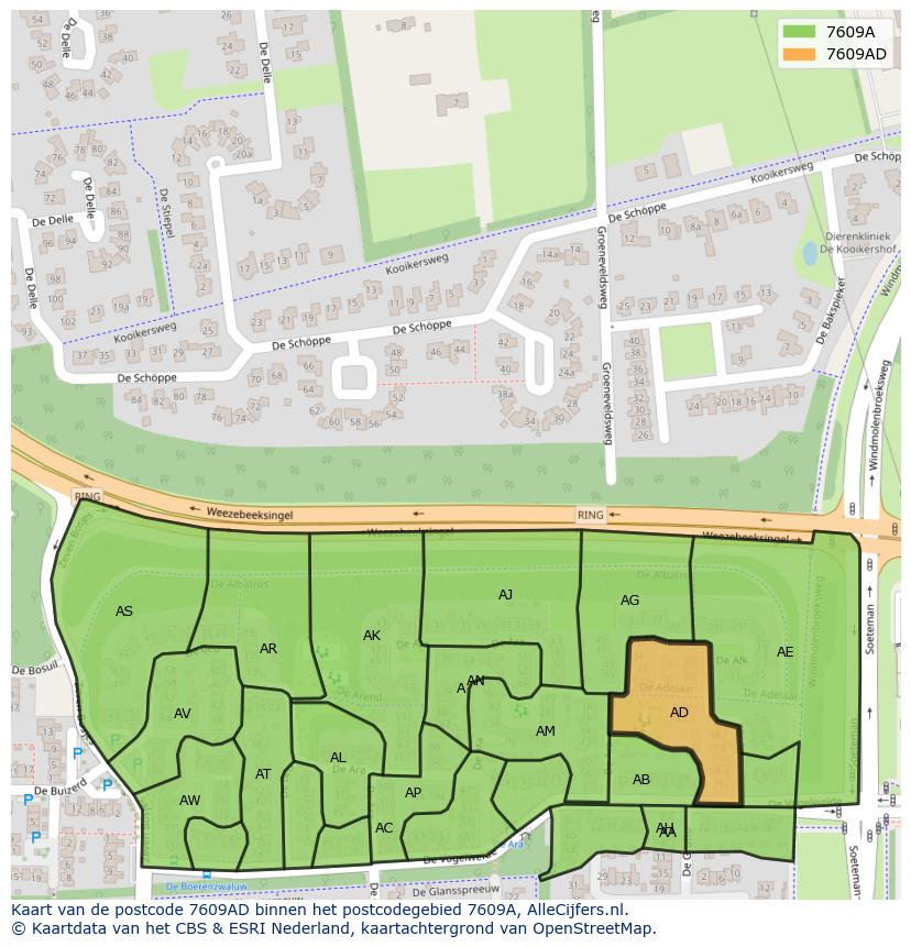 Afbeelding van het postcodegebied 7609 AD op de kaart.