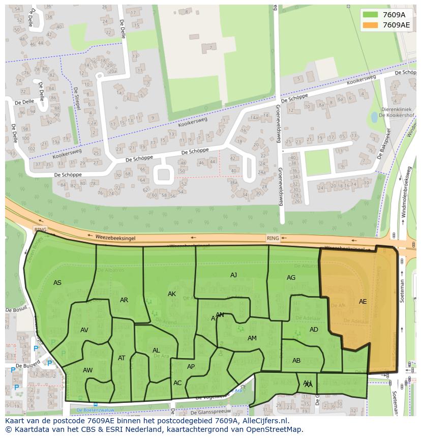 Afbeelding van het postcodegebied 7609 AE op de kaart.
