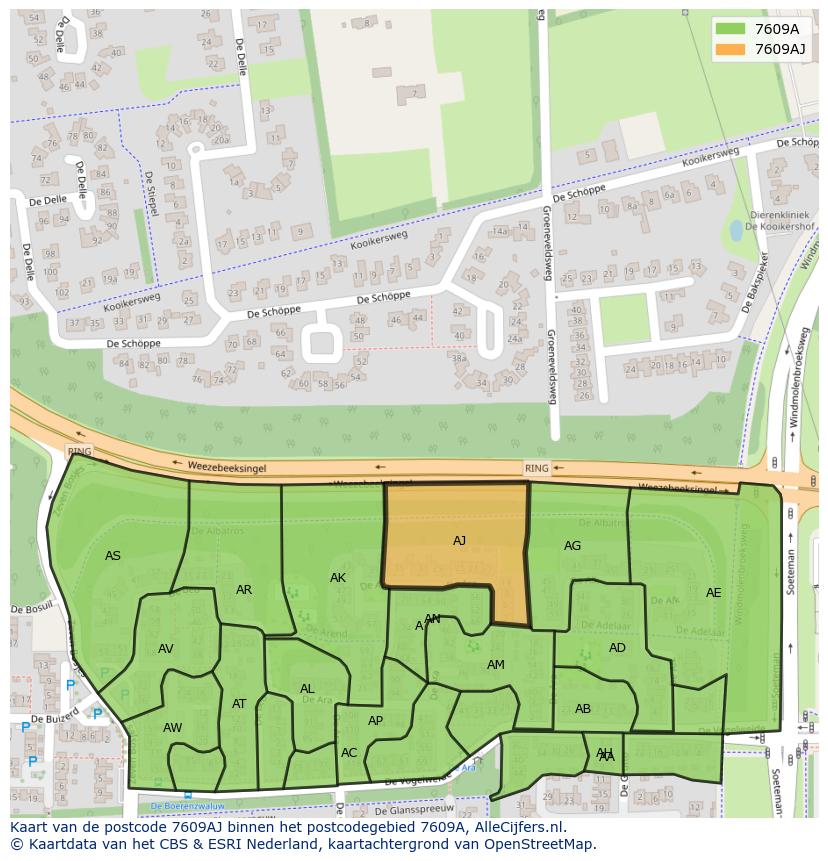 Afbeelding van het postcodegebied 7609 AJ op de kaart.