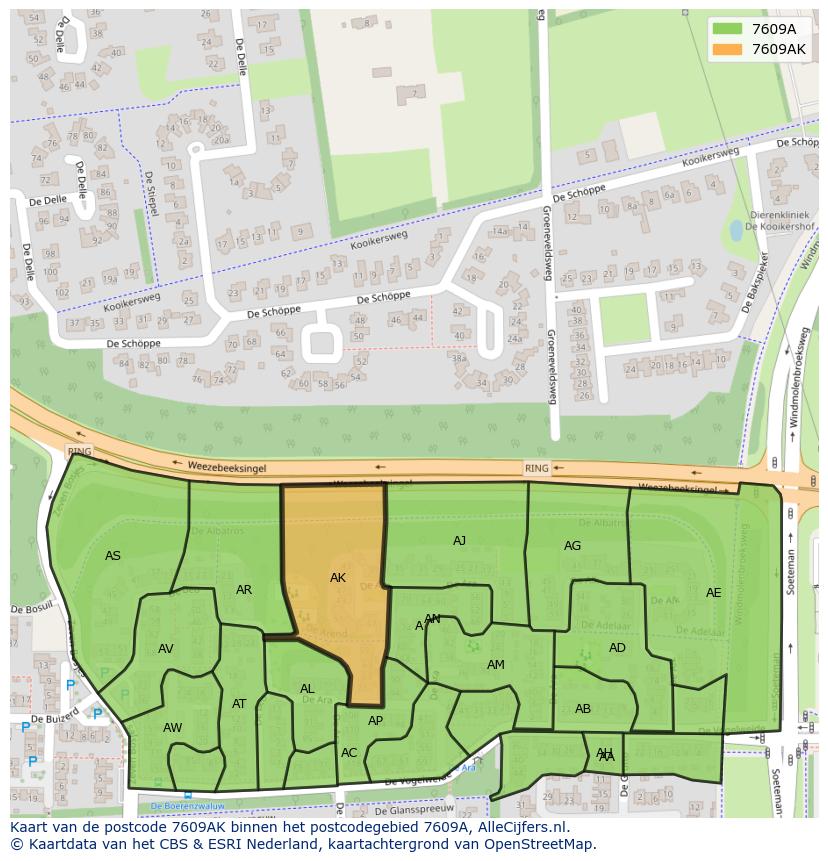 Afbeelding van het postcodegebied 7609 AK op de kaart.