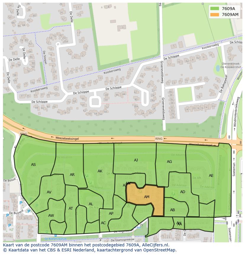 Afbeelding van het postcodegebied 7609 AM op de kaart.