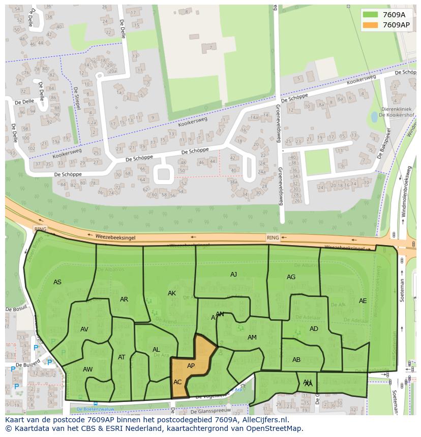 Afbeelding van het postcodegebied 7609 AP op de kaart.