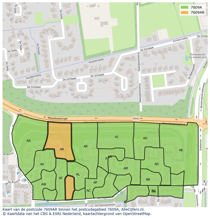 Afbeelding van het postcodegebied 7609 AR op de kaart.
