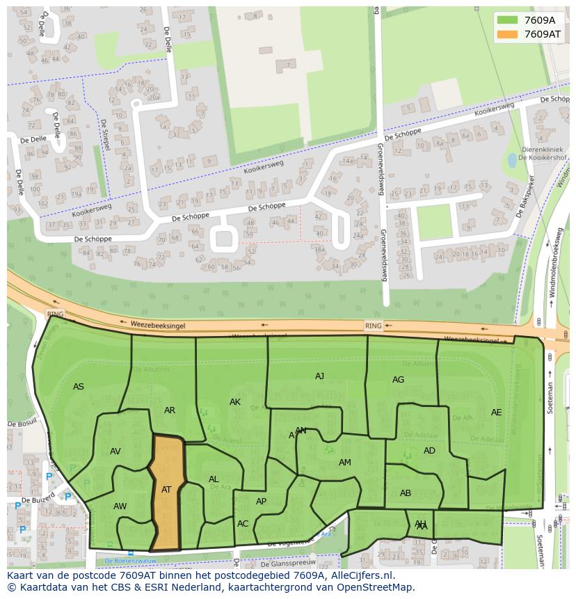 Afbeelding van het postcodegebied 7609 AT op de kaart.