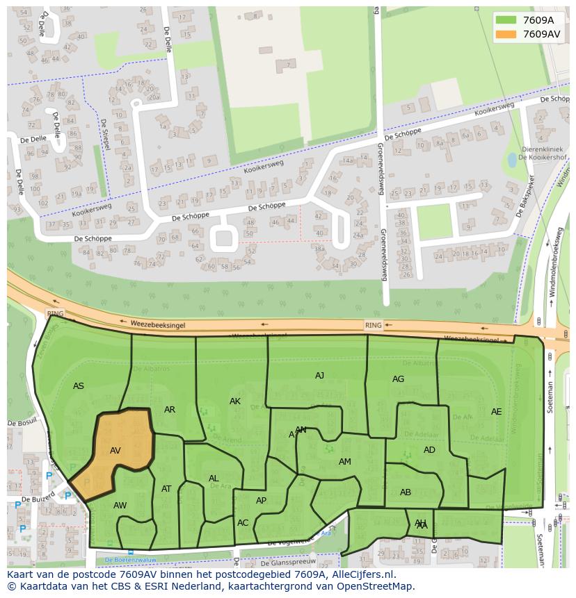 Afbeelding van het postcodegebied 7609 AV op de kaart.