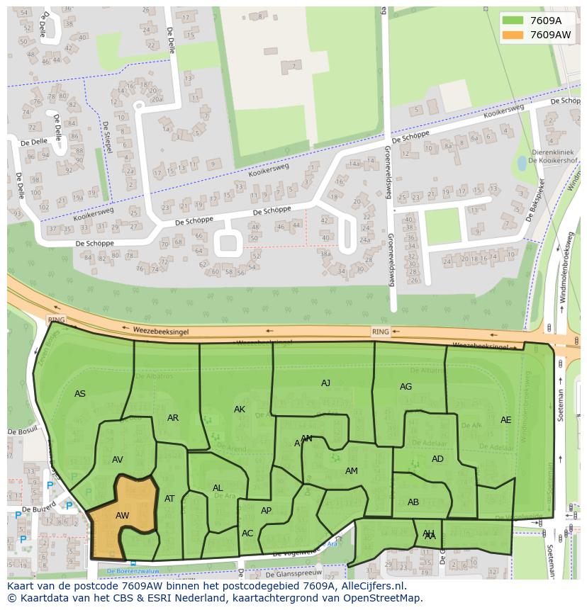 Afbeelding van het postcodegebied 7609 AW op de kaart.